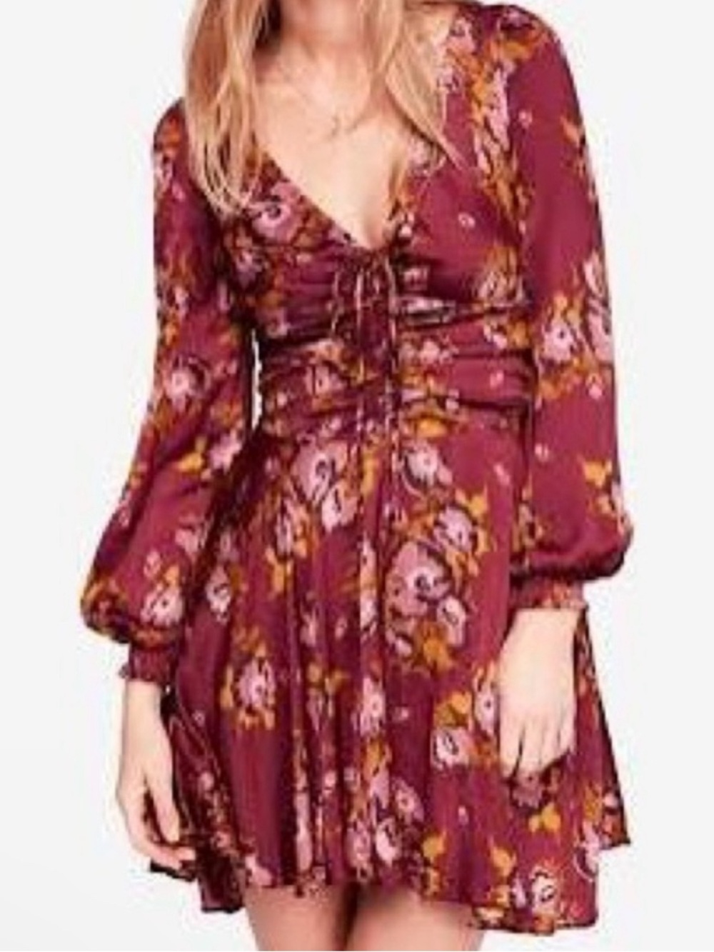Floral Burgundy Long-Sleeve Mini Dress